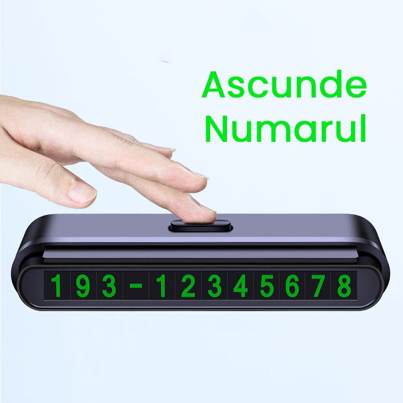 Suport Numar de Telefon pentru Parcare Auto, Card de Contact Temporar cu Banda Glisanta pentru Ascundere, Cifre Fosforescente, Fixare Adeziva, 120 x 48 x 24 mm, Negru Mat