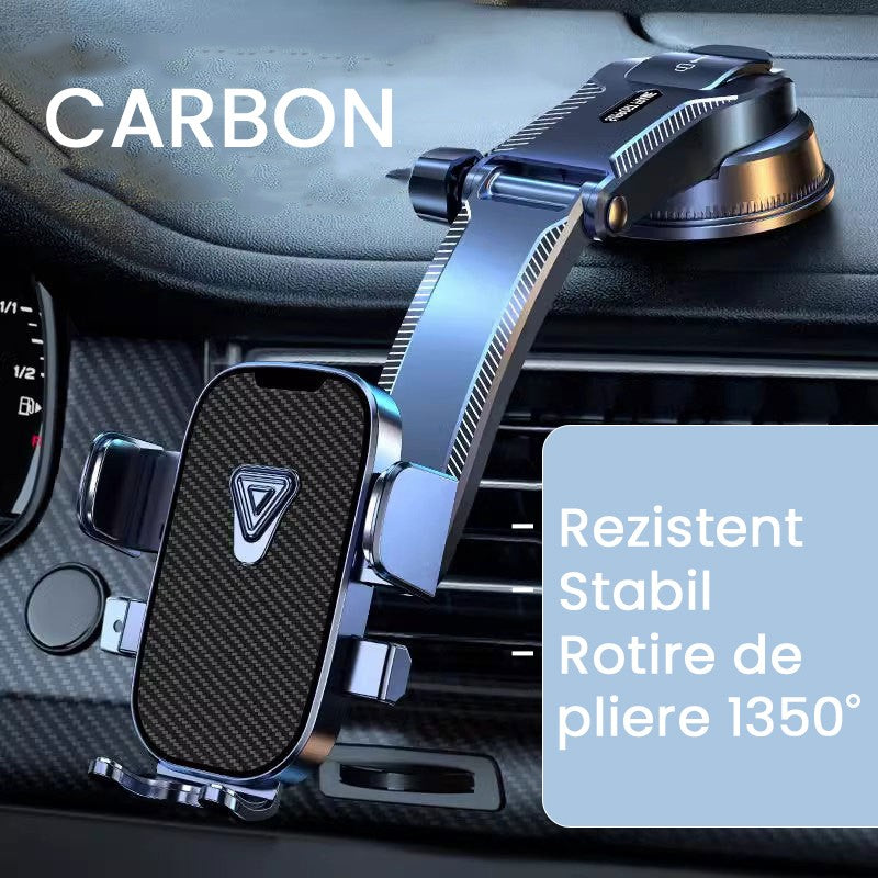 Suport Auto Telefon si Navigatie, Brat Telescopic Reglabil cu Ventuza pentru Bord si Parbriz, Rotire 360 Grade, Sistem Gravitational, Plastic cu Design Carbon, 20 x 14 x 11 cm, Albastru Carbon