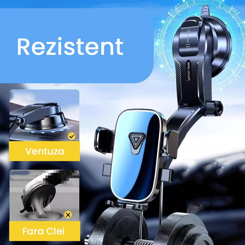 Suport Auto Telefon si Navigatie, Brat Telescopic Reglabil cu Ventuza, Fixare Parbriz sau Bord, Sistem Gravitational, Plastic si Metal, 20 x 14 x 11 cm, Albastru Oglinda