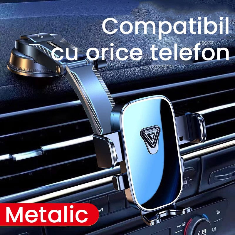 Suport Auto Telefon si Navigatie, Brat Telescopic Reglabil cu Ventuza, Fixare Parbriz sau Bord, Sistem Gravitational, Plastic si Metal, 20 x 14 x 11 cm, Albastru Oglinda