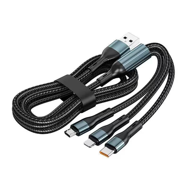 Cablu Incarcare Rapida 3 in 1, Conectori USB-C, Lightning si Micro USB, 66W, Invelis Textil Impletit, Universal Android si iOS, 1.2M, Negru
