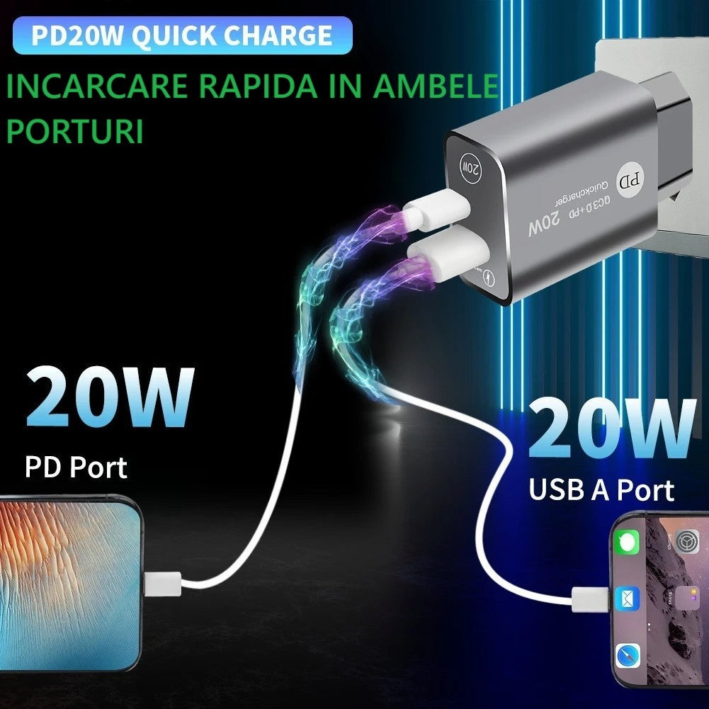 Incarcator Retea Fast Charge 20W, Power Delivery PD si Quick Charge 3.0, 2 Porturi USB si USB Type-C, Protectie Supraincalzire, Universal, Negru