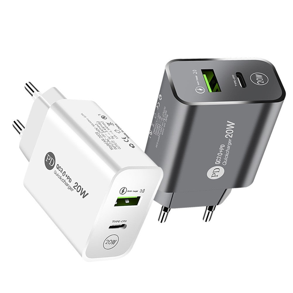 Incarcator Retea Fast Charge 20W, Power Delivery PD si QC 3.0, 2 Porturi USB si Type-C, Protectie Supraincalzire, Alb