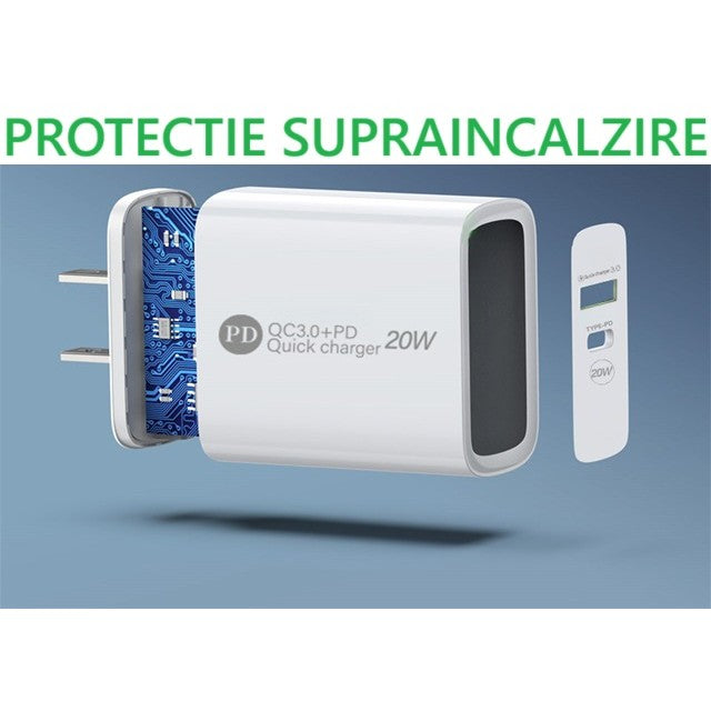 Incarcator Retea Fast Charge 20W, Power Delivery PD si QC 3.0, 2 Porturi USB si Type-C, Protectie Supraincalzire, Alb