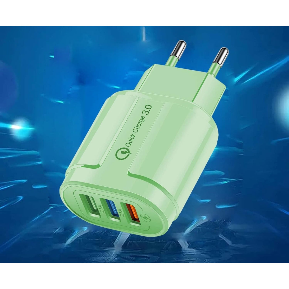 Încărcător Rapid QC 3.0, Adaptor Priză cu 3 Porturi USB, Putere 18W și 2.1A, Protecție Supraîncălzire, Material ABS, Gama Macarons, Verde