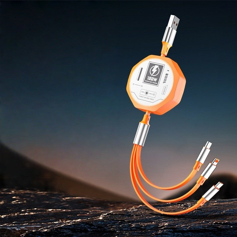 Cablu Incarcare Rapida 3 in 1 Retractabil, 100W, USB la USB-C, Lightning si Micro USB, Design Mecha, Cablu Extensibil Universal, Portocaliu, 1.2M