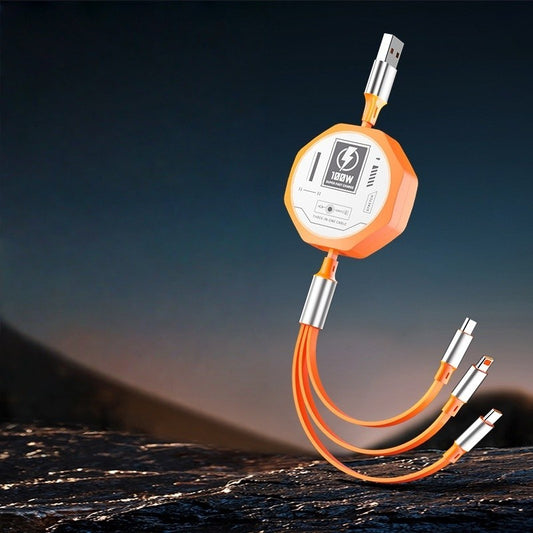 Cablu Incarcare Rapida 3 in 1 Retractabil, 100W, USB la USB-C, Lightning si Micro USB, Design Mecha, Cablu Extensibil Universal, Portocaliu, 1.2M
