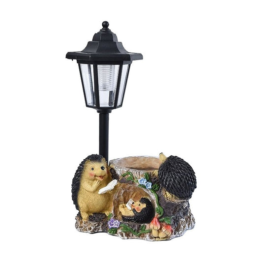 Lampa Solara Decorativa pentru Gradina, Figurina 3 Arici cu Suport pentru Plante, Lumina LED Calda, Rasina Rezistenta la Exterior, 33 x 22 x 15.5 cm, Negru