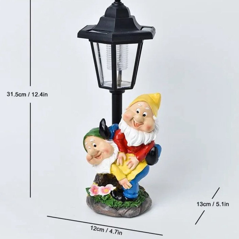 Lampa Solara Decorativa pentru Gradina, Figurina 2 Spiridusi cu Suport pentru Ghiveci, Lumina LED Alba Calda, Rasina Rezistenta la Exterior, 31.5 x 12 x 13 cm, Negru