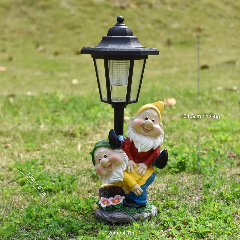 Lampa Solara Decorativa pentru Gradina, Figurina 2 Spiridusi cu Suport pentru Ghiveci, Lumina LED Alba Calda, Rasina Rezistenta la Exterior, 31.5 x 12 x 13 cm, Negru