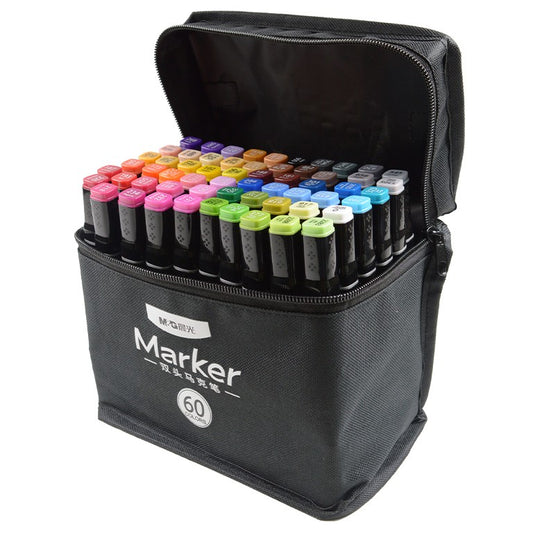 Set 60 Markere Duble Profesionale, Cerneala pe Baza de Alcool, Varf Subtire si Dalta, Culori Numerotate pentru Desen si Ilustratii, Geanta de Transport Impermeabila, Multicolor, 60 Bucati