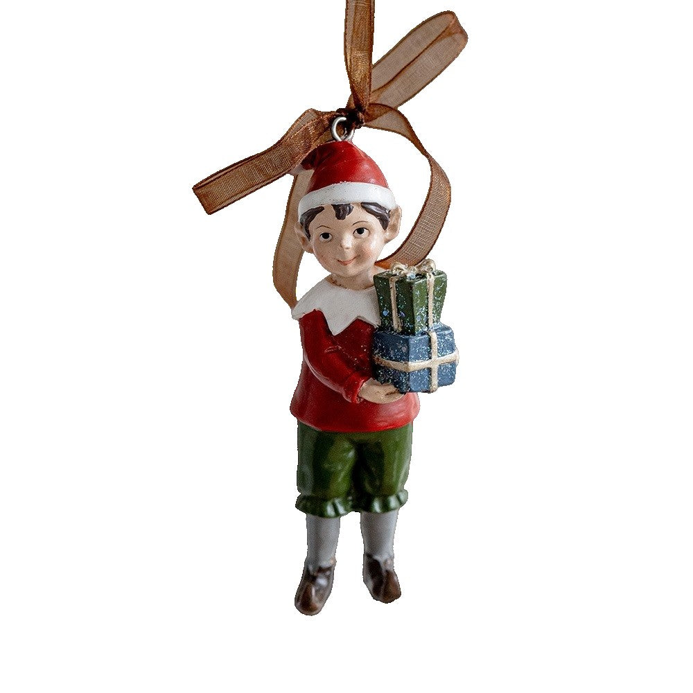 Decoratiune De Craciun Pentru Brad, Model Elf Cu Cadouri, Figurina Festiva Din Rasina, Multicolor, 10 x 3 cm