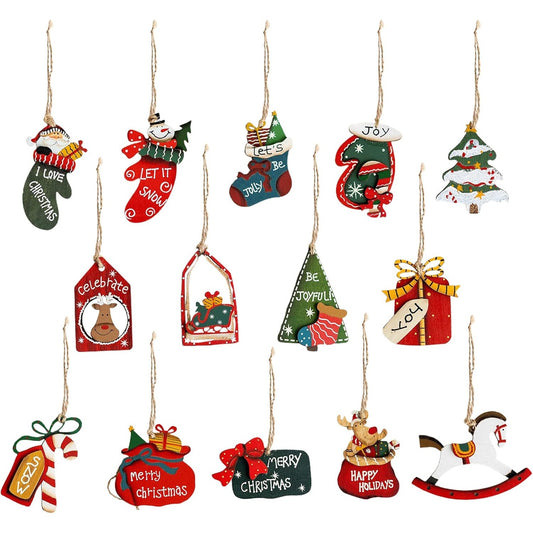 Set 14 Decoratiuni De Craciun Pentru Brad, Figurine Cu Tematica De Iarna Si Agatatori, Lemn Natural, 5-9.5 cm, Multicolor