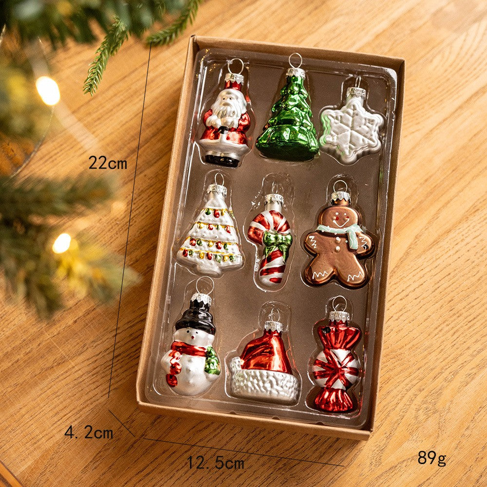 Set 9 Decoratiuni de Craciun pentru Brad, Pandantive Figurine Festive, Sticla, Multicolor, 5 cm