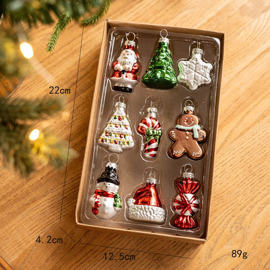 Set 9 Decoratiuni de Craciun pentru Brad, Pandantive Figurine Festive, Sticla, Multicolor, 5 cm