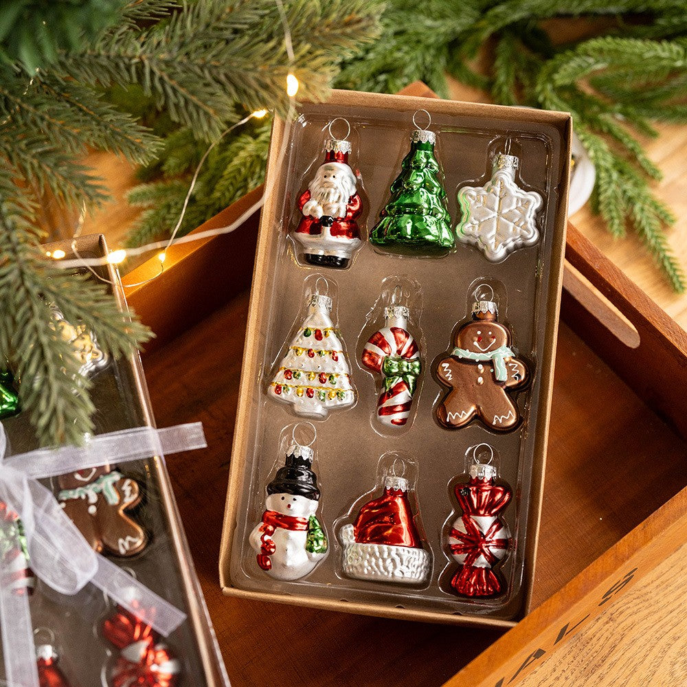 Set 9 Decoratiuni de Craciun pentru Brad, Pandantive Figurine Festive, Sticla, Multicolor, 5 cm