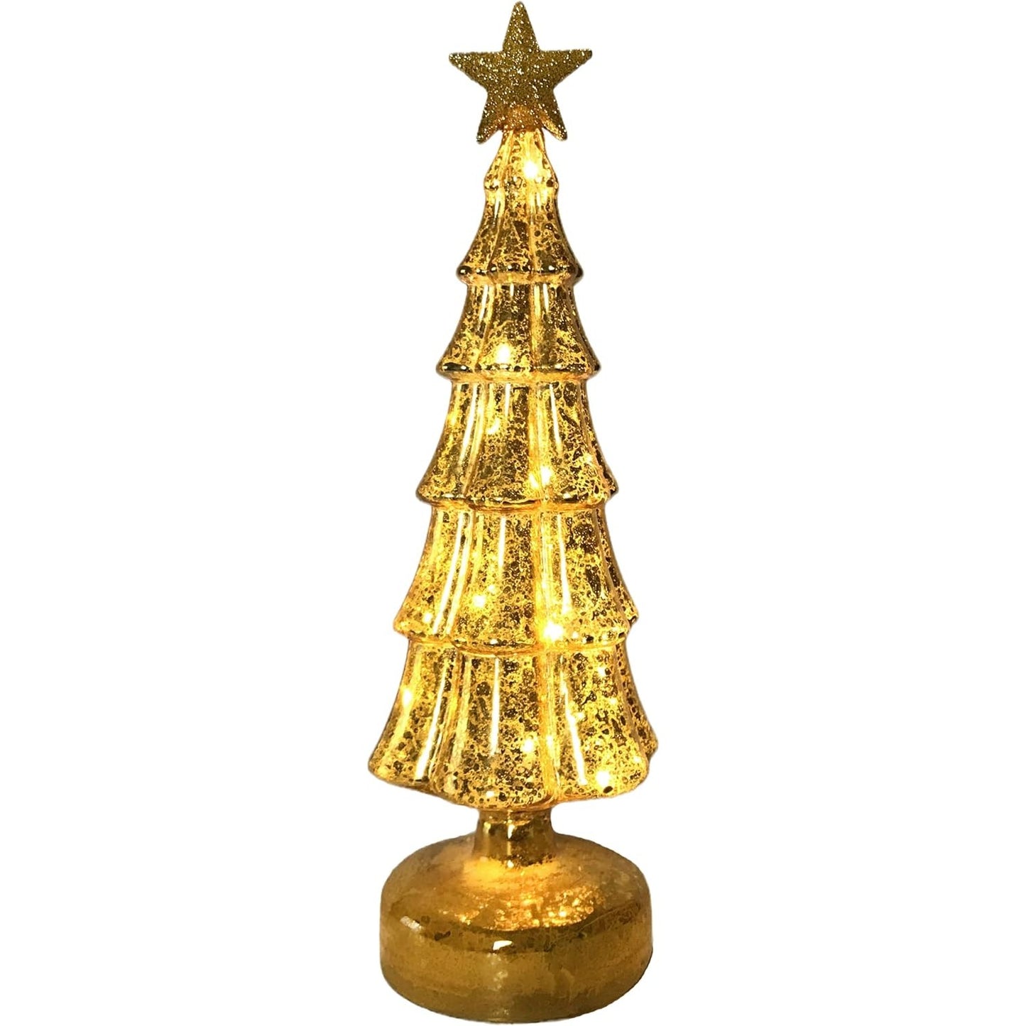 Brad de Craciun Decorativ cu Lumini LED, Ornament Luminos din Sticla cu Stea, Alimentare 3 Baterii AA, Auriu, 31.5 x 9 cm