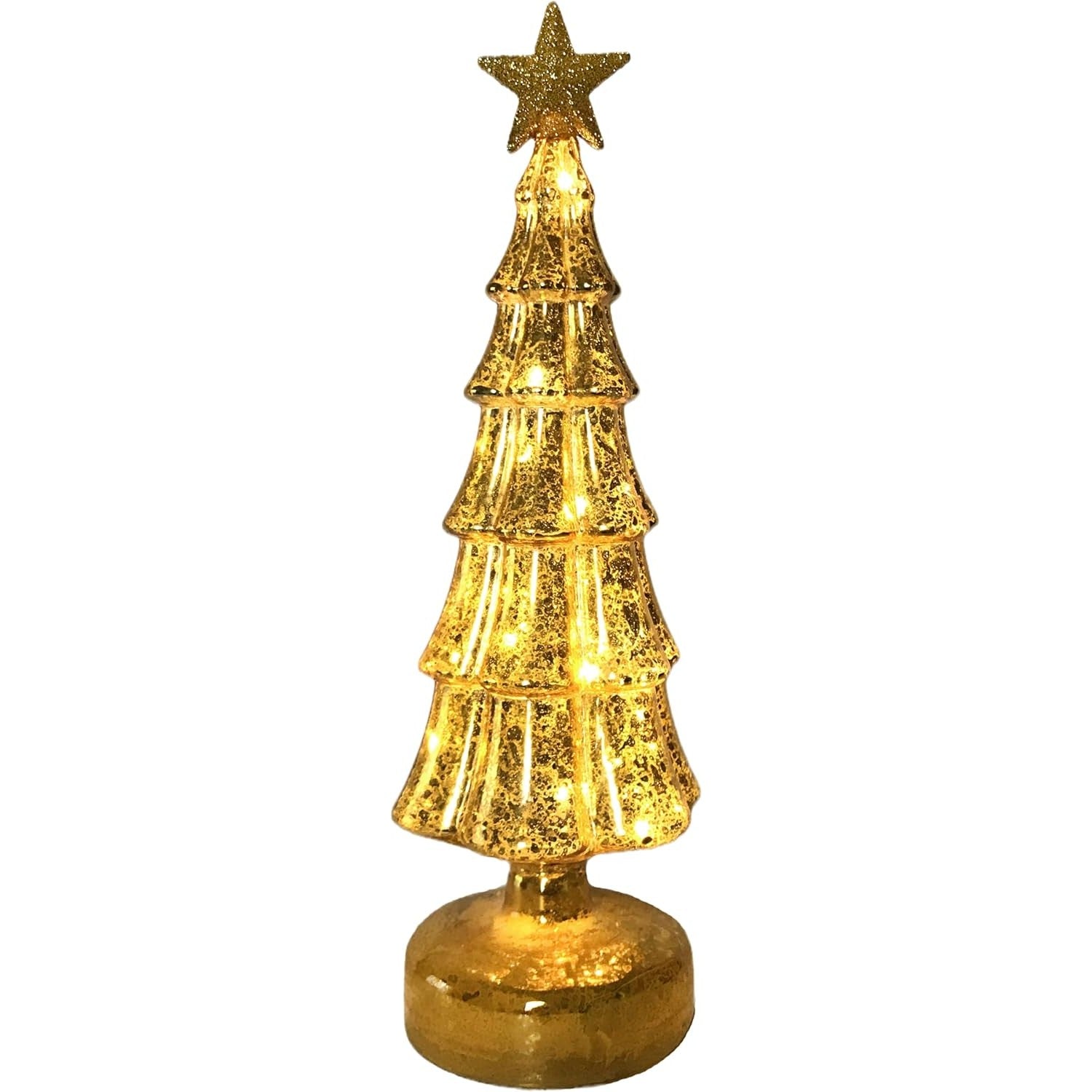 Brad de Craciun Decorativ cu Lumini LED, Ornament Luminos din Sticla cu Stea, Alimentare 3 Baterii AA, Auriu, 31.5 x 9 cm