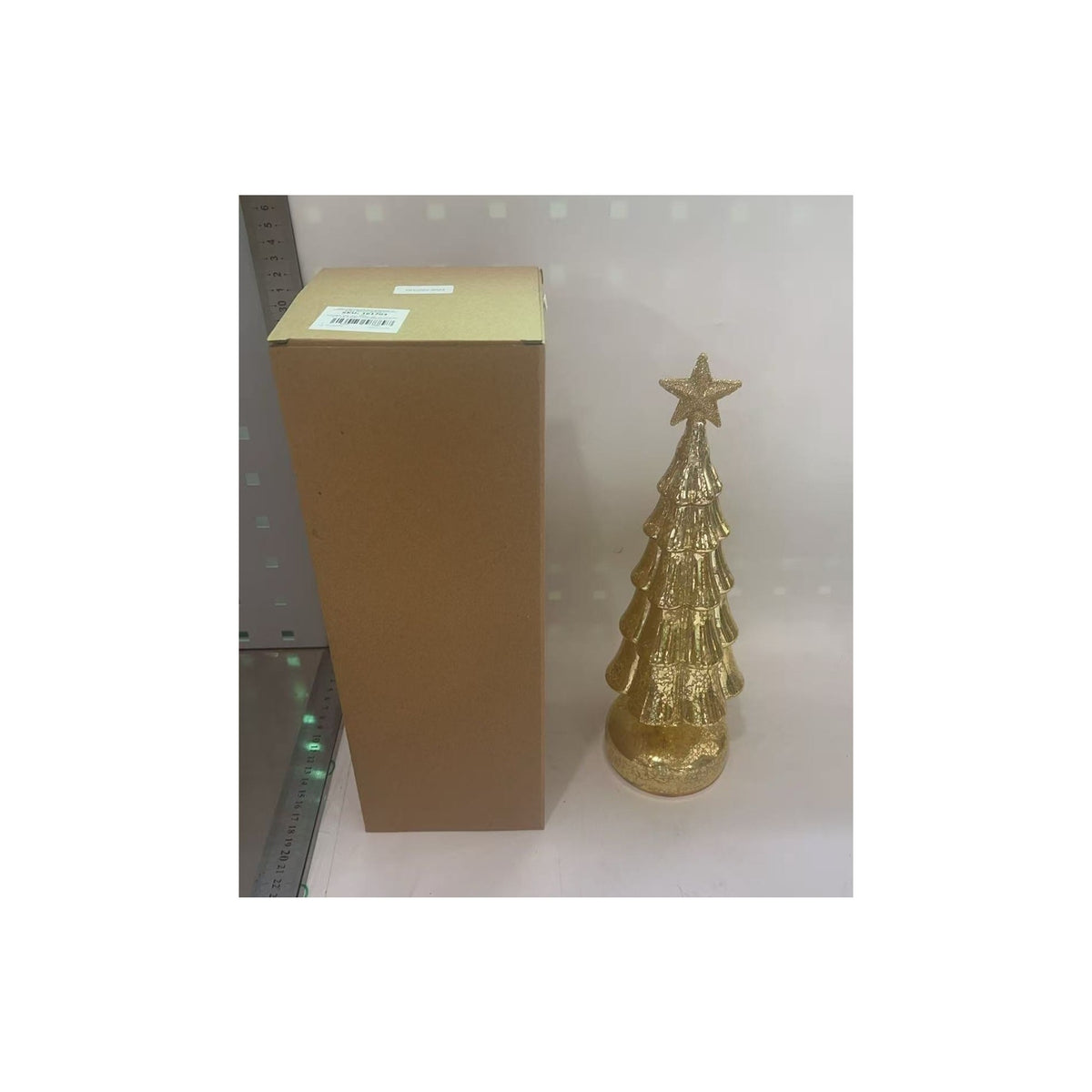 Brad de Craciun Decorativ cu Lumini LED, Ornament Luminos din Sticla cu Stea, Alimentare 3 Baterii AA, Auriu, 31.5 x 9 cm