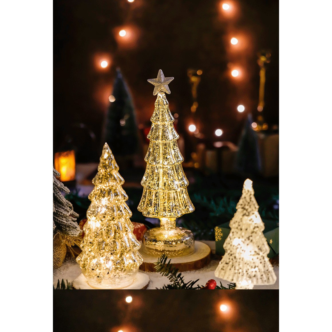 Brad de Craciun Decorativ cu Lumini LED, Ornament Luminos din Sticla cu Stea, Alimentare 3 Baterii AA, Auriu, 31.5 x 9 cm