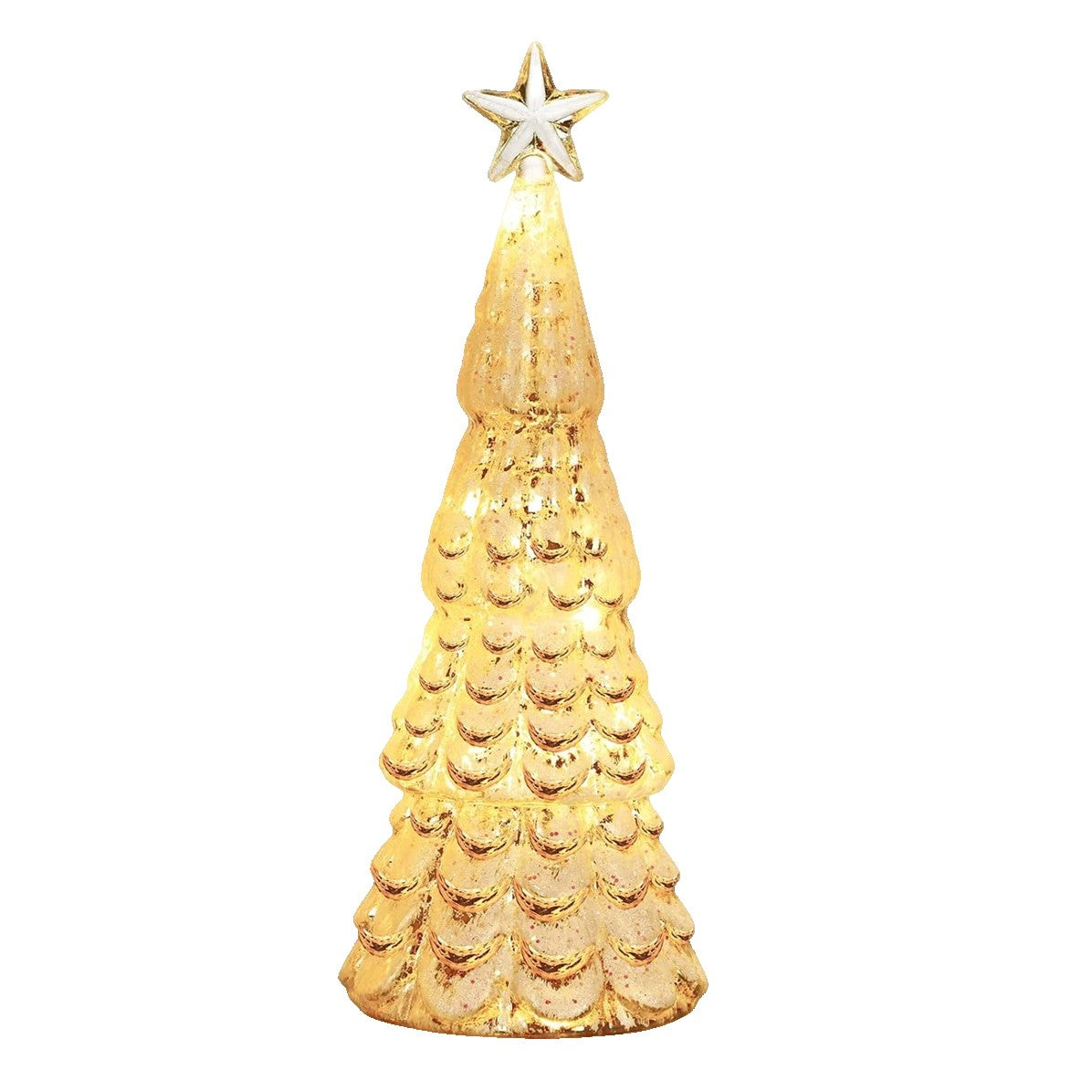 Decorațiune de Crăciun, Brad Luminos cu Stea și LED, Sticlă, Alimentare 3 Baterii AA, 24 x 8 cm, Auriu