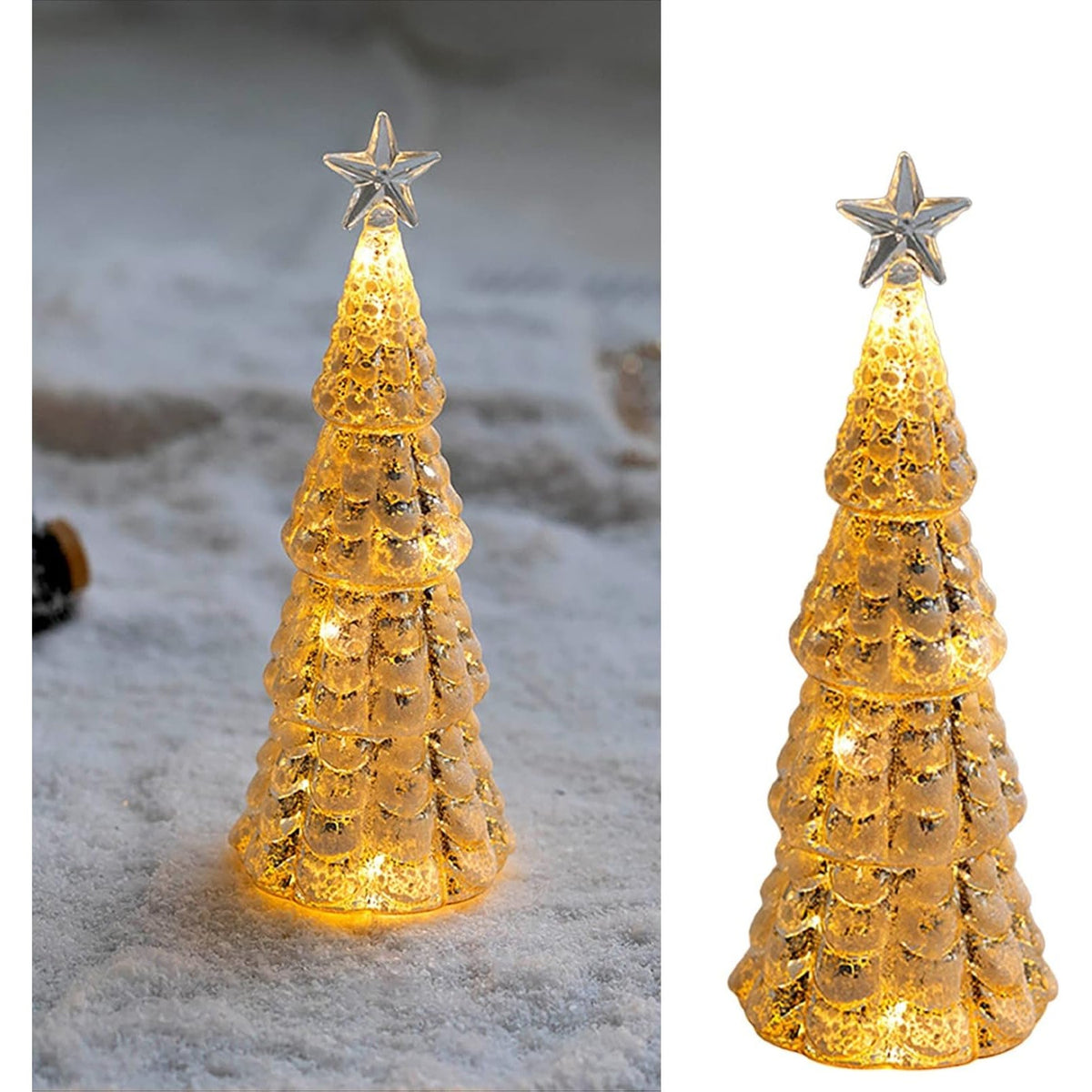 Decorațiune de Crăciun, Brad Luminos cu Stea și LED, Sticlă, Alimentare 3 Baterii AA, 24 x 8 cm, Auriu