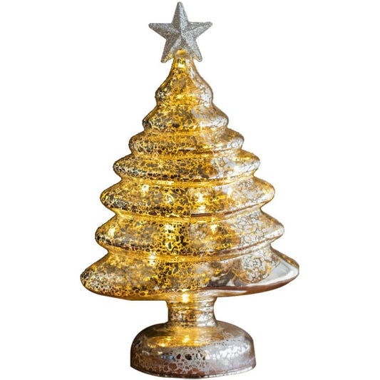 Decoratiune de Craciun Luminoasa, Brad cu Stea si LED, Sticla, Alimentare 3 Baterii AA, 22 x 9 cm, Auriu