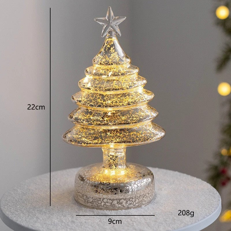Decoratiune de Craciun Luminoasa, Brad cu Stea si LED, Sticla, Alimentare 3 Baterii AA, 22 x 9 cm, Auriu
