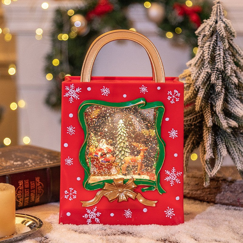 Decoratiune De Craciun Tip Sacosa Cadou, Glob Cu Zapada Mos Craciun Si Ren, Iluminare LED Si Sclipici, Plastic Si Sticla, 23 x 15 x 7.3 cm, Rosu