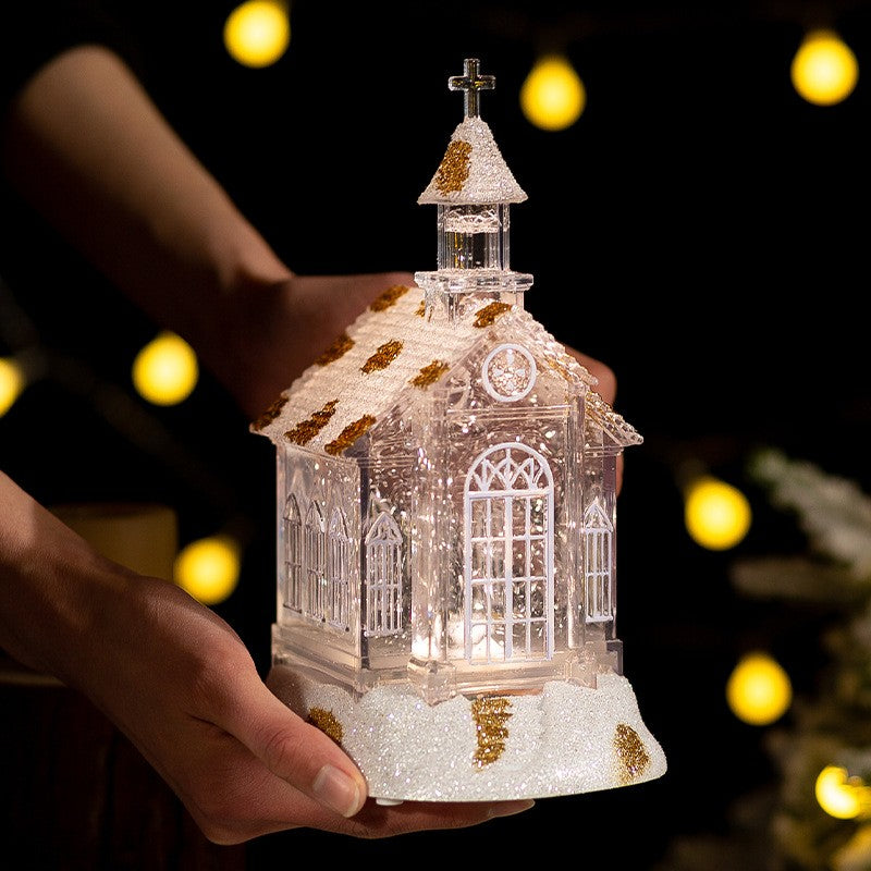 Decoratiune de Craciun Tip Biserica, Iluminare LED cu Efect Zapada si Sclipici Auriu, Material Transparent cu Detalii Vitralii, 22 x 13 x 11.5 cm, Alb Transparent