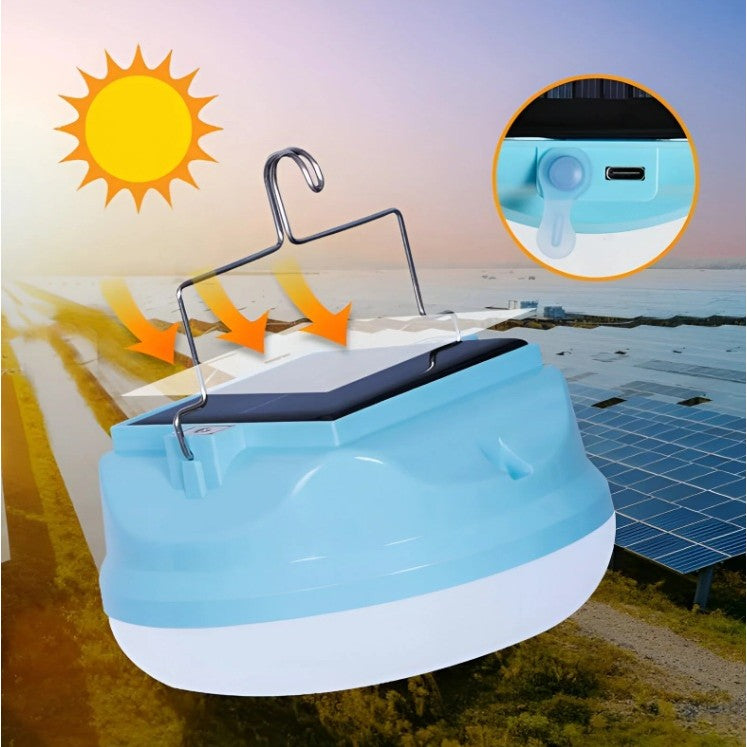 Lampa Solara LED 2in1 Portabila, Incarcare Solara si USB, 3 Trepte Intensitate, Agatatoare Inclusa, 100W, Plastic, 13x13x7 cm, Albastru