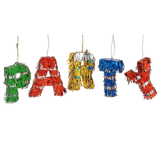 Set 5 Mini Piniate Decorative Litere Party, Accesorii Petrecere cu Franjuri, Carton si Hartie Metalizata, 61 x 43 x 8 cm, Multicolor