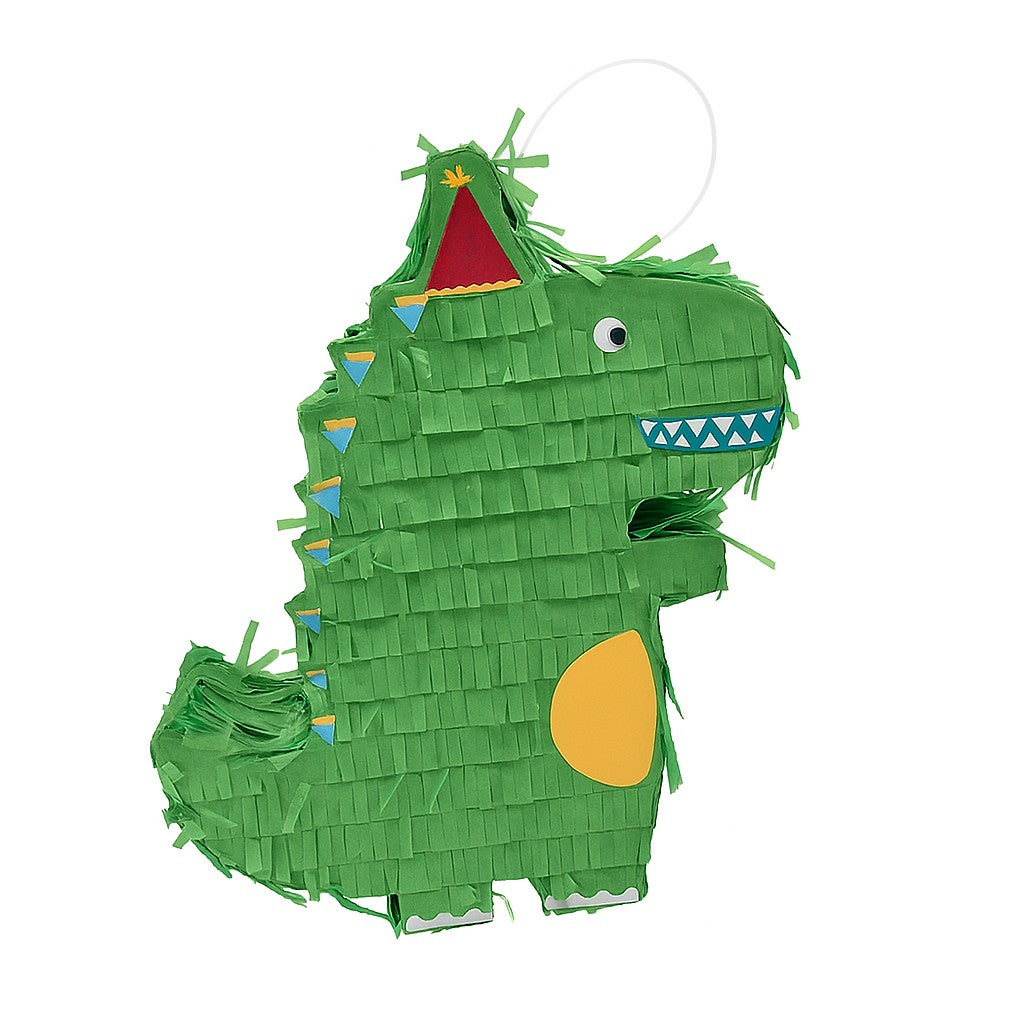 Pinata Dinozaur pentru Petrecere Copii, Detalii Argintii si Palarie, Carton si Hartie Creponata, 25 x 7 x 27 cm, Verde