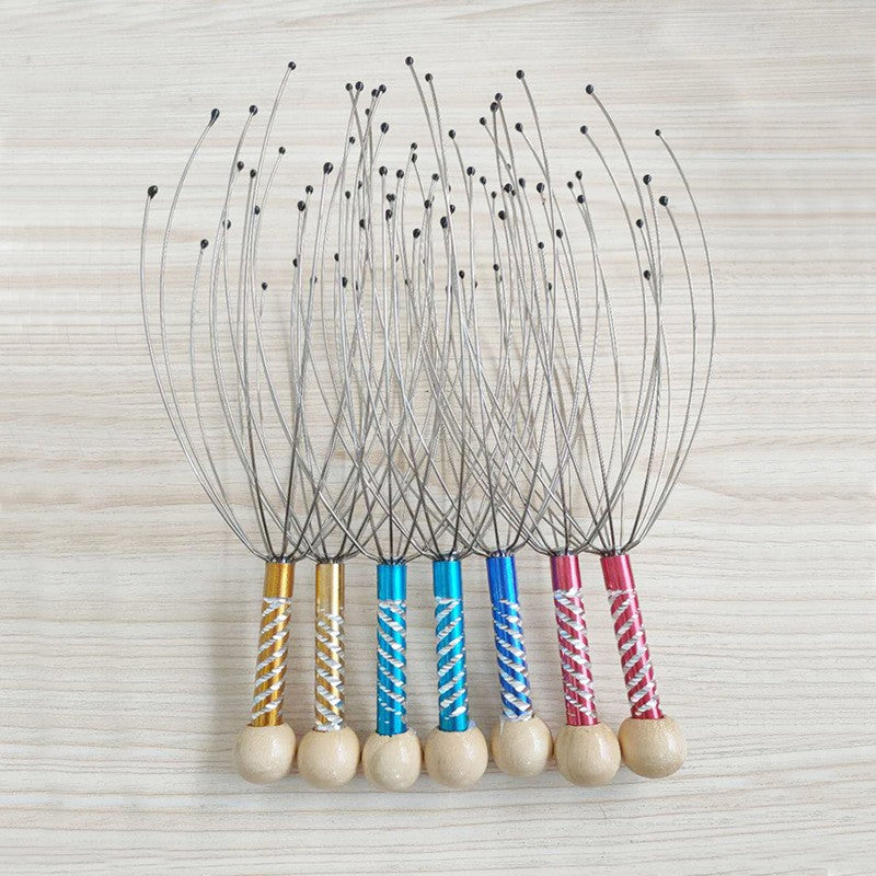 Dispozitiv Masaj Capilar Tip Caracatita, Aparat Stimulare Circulatie Sanguina si Scalp, 12 Brate Flexibile, Otel Inoxidabil si Maner Lemn, 22 cm, Multicolor