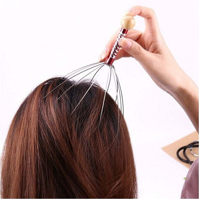 Dispozitiv Masaj Capilar Tip Caracatita, Aparat Stimulare Circulatie Sanguina si Scalp, 12 Brate Flexibile, Otel Inoxidabil si Maner Lemn, 22 cm, Multicolor