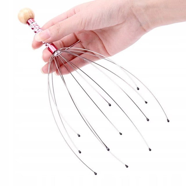 Dispozitiv Masaj Capilar Tip Caracatita, Aparat Stimulare Circulatie Sanguina si Scalp, 12 Brate Flexibile, Otel Inoxidabil si Maner Lemn, 22 cm, Multicolor