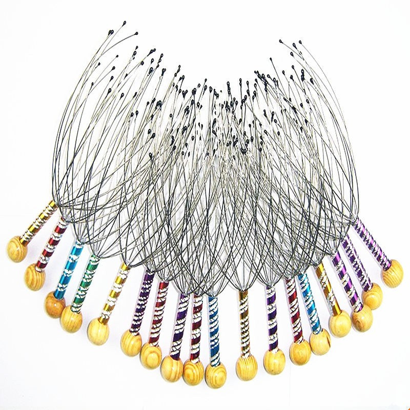 Dispozitiv Masaj Capilar Tip Caracatita, Aparat Stimulare Circulatie Sanguina si Scalp, 12 Brate Flexibile, Otel Inoxidabil si Maner Lemn, 22 cm, Multicolor