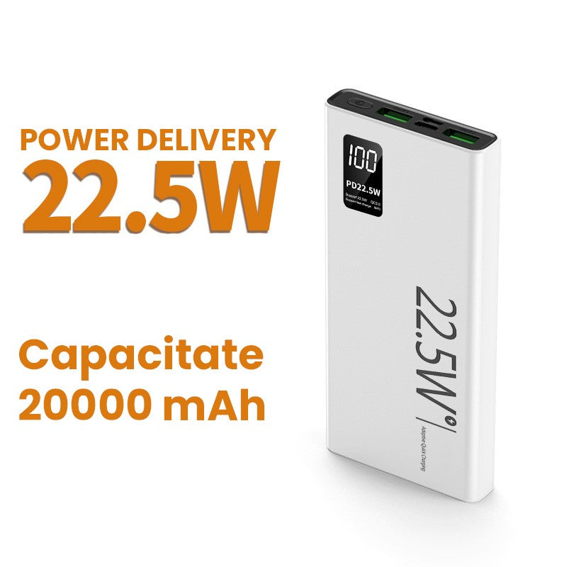 Baterie Externa Powerbank, Ultra-Subtire cu Ecran Digital LED, Power Delivery 22.5W, Incarcare Rapida, 1x USB-C si 2x USB, 20000 mAh, Alb