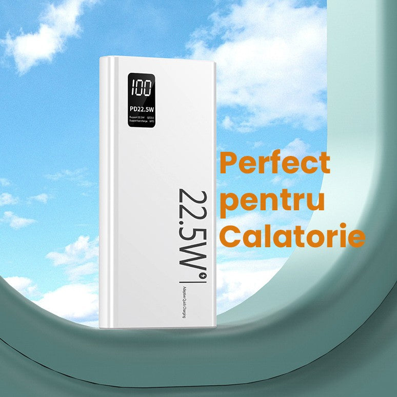 Baterie Externa Powerbank Ultra-Subtire, Fast Charge Power Delivery 22.5W, Ecran Digital LED, Compatibilitate Universala, 1x Port Type-C si 2x Port USB, 10000 mAh, 144x66x16 mm, Alb