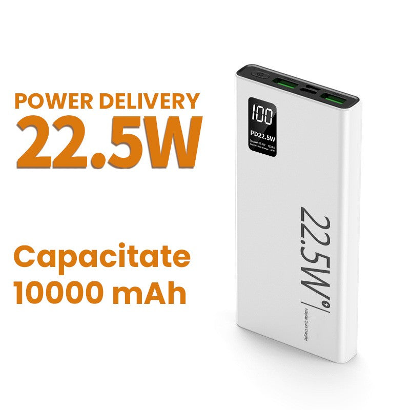 Baterie Externa Powerbank Ultra-Subtire, Fast Charge Power Delivery 22.5W, Ecran Digital LED, Compatibilitate Universala, 1x Port Type-C si 2x Port USB, 10000 mAh, 144x66x16 mm, Alb