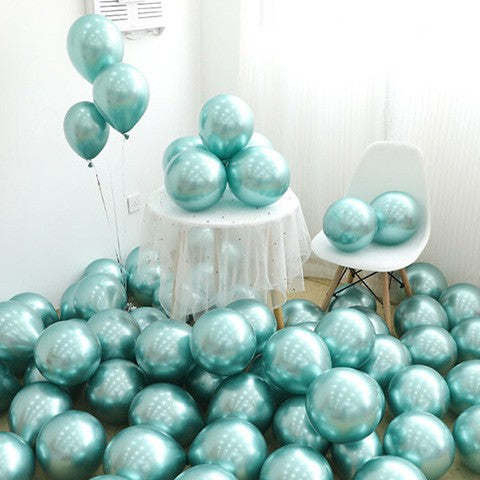 Set 12 Baloane Latex Chrome, Efect Metalizat Lucios, Compatibile Aer sau Heliu, 30 cm, Turcoaz