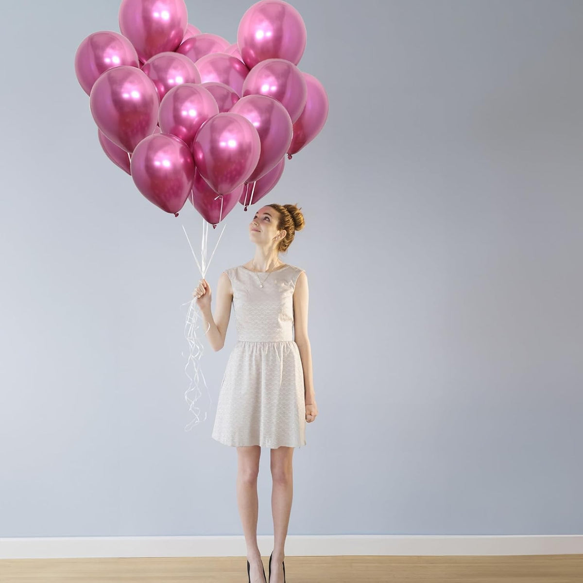 Set 12 Baloane Latex Chrome, Aspect Metalizat Lucios, Compatibile Aer sau Heliu, Petreceri si Aniversari, 30 cm, Fucsia