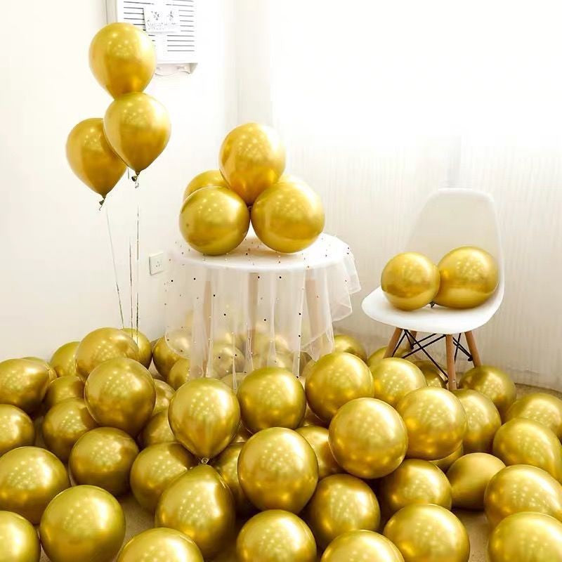Set 12 Baloane Latex Chrome, Efect Metalizat Lucios, Compatibile Aer sau Heliu, 25 cm, Auriu