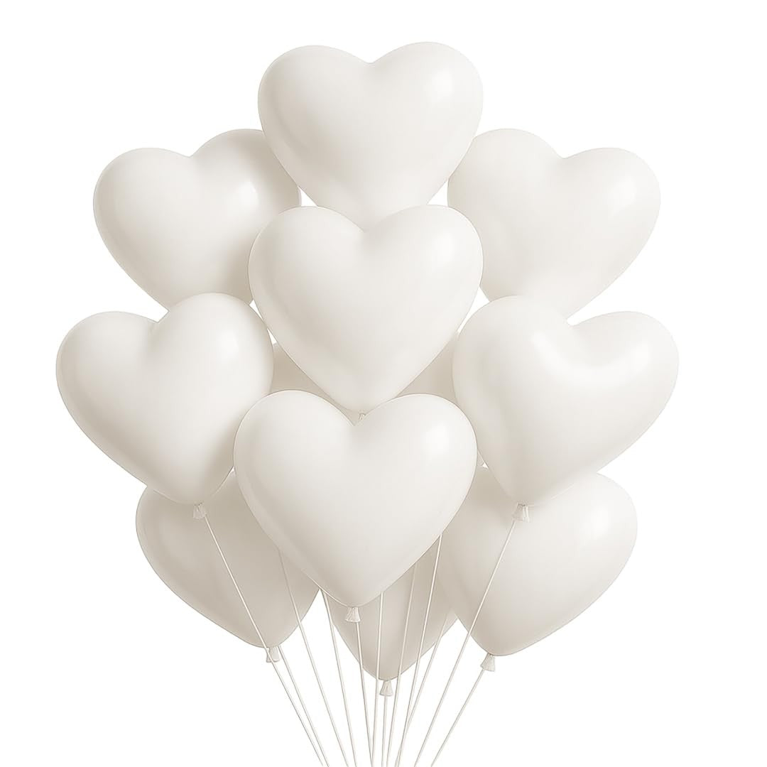 Set 10 Baloane Inima, Decoratiuni Petreceri si Evenimente Romantice, Latex Rezistent, Compatibile Aer sau Heliu, 25 cm, Alb
