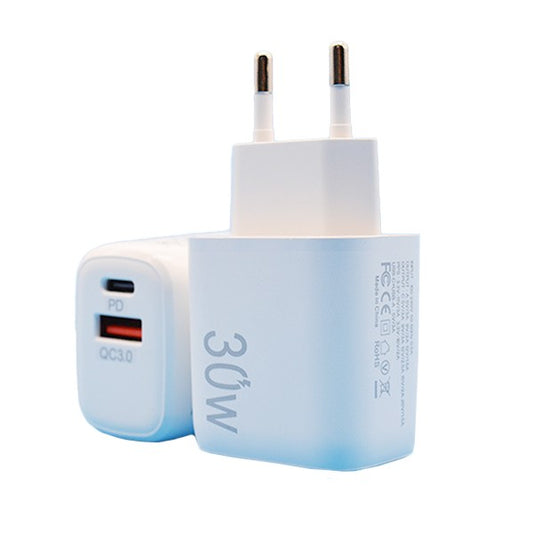 Incarcator Retea Fast Charging, Dual Port USB-C PD si USB-A Quick Charge 3.0, Putere 30W, Priza Standard European, Alb