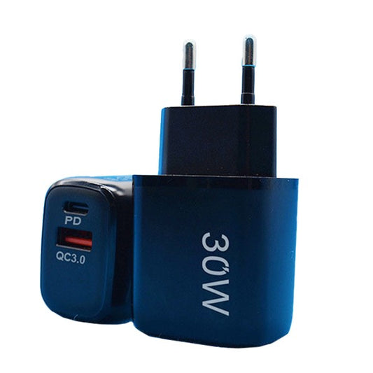 Incarcator Retea Fast Charging, Dual Port USB-C PD si USB-A QC 3.0, Adaptor Priza European, Putere 30W, Negru