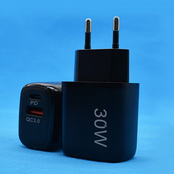 Incarcator Retea Fast Charging, Dual Port USB-C PD si USB-A QC 3.0, Adaptor Priza European, Putere 30W, Negru