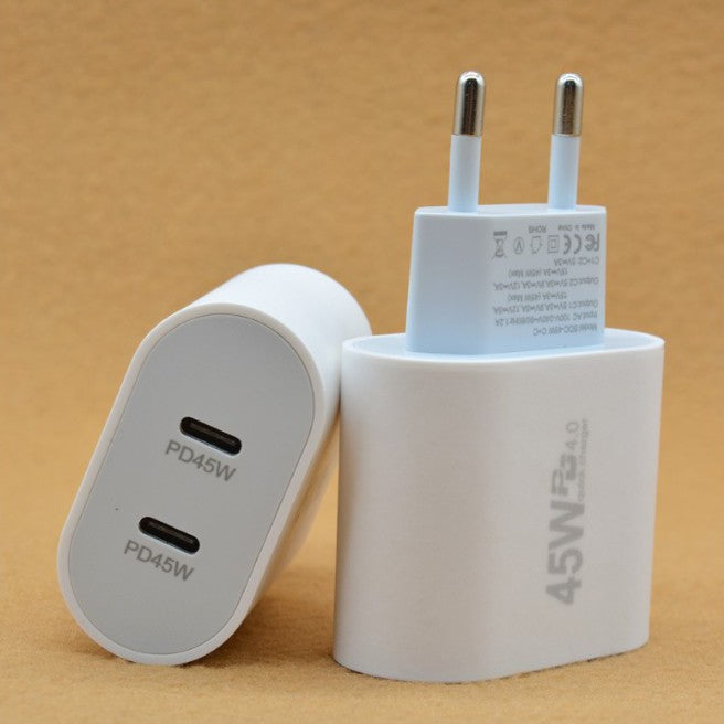 Incarcator Retea Fast Charge, Power Delivery 45W, Dual Port USB-C, Quick Charge 4.5, Compatibil Universal Tableta si Telefon, Alb