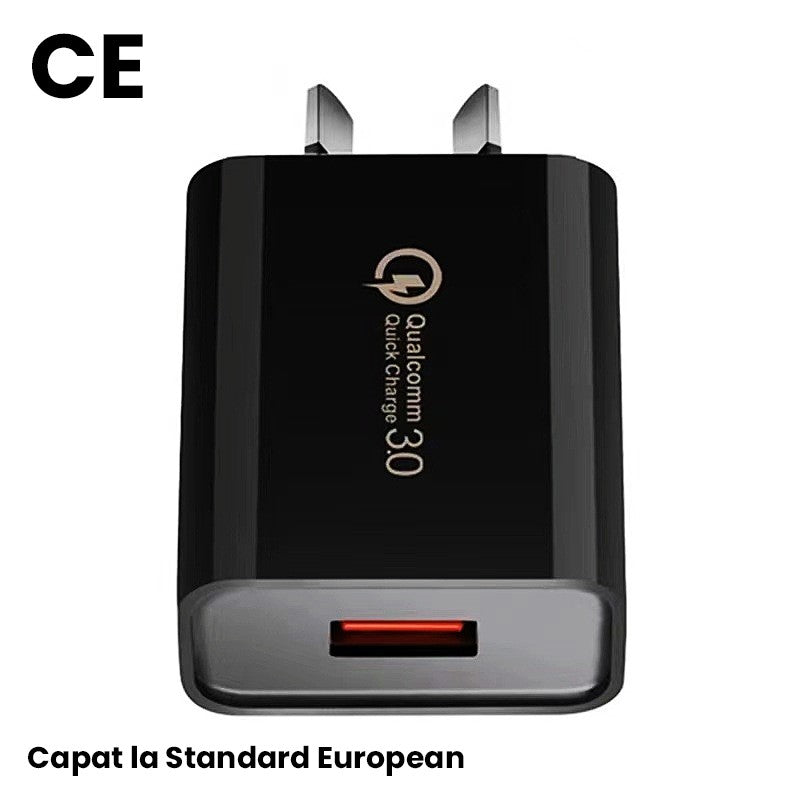 Incarcator Retea Fast Charge, Adaptor Priza Qualcomm Quick Charge 3.0, 18W, 5V 3A, Port USB, Fara Cablu, Negru