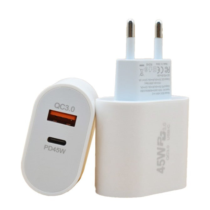 Incarcator Retea Fast Charge, Power Delivery 45W, Quick Charge 4.5, Dual Port USB-C si USB-A, Universal, Plastic, Alb